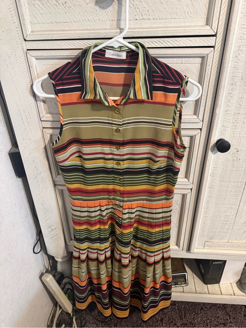 Calvin Klein Olive Multicolor Striped Sleeveless Shirt Dress
